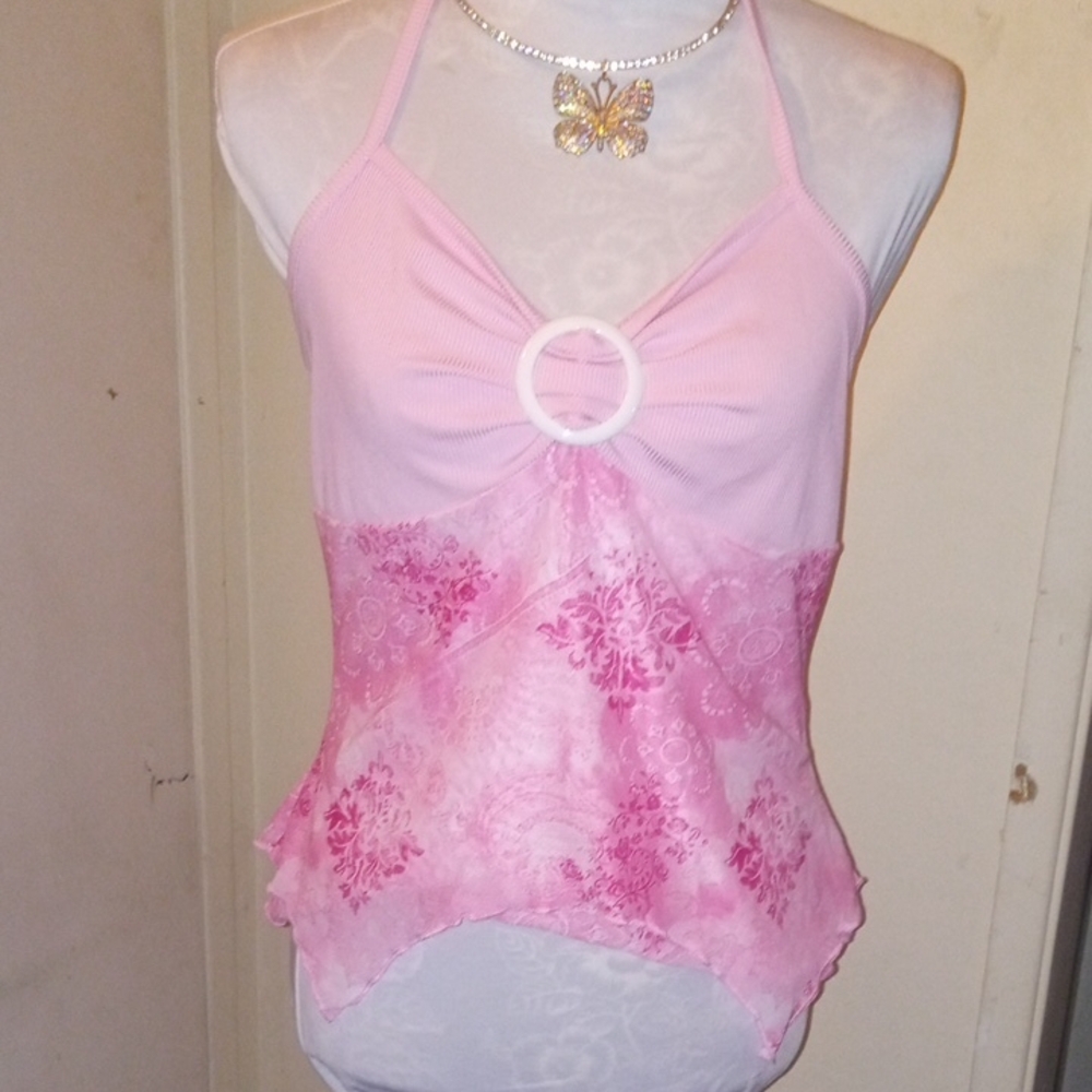 Y2K Pink Halter Top with Floral Design